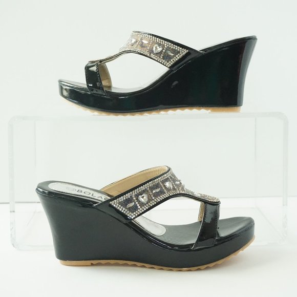 Bolaro by Summer Rio Wedge Sandals Black Patent Leather with Bling Size 6 - Picture 1 of 6